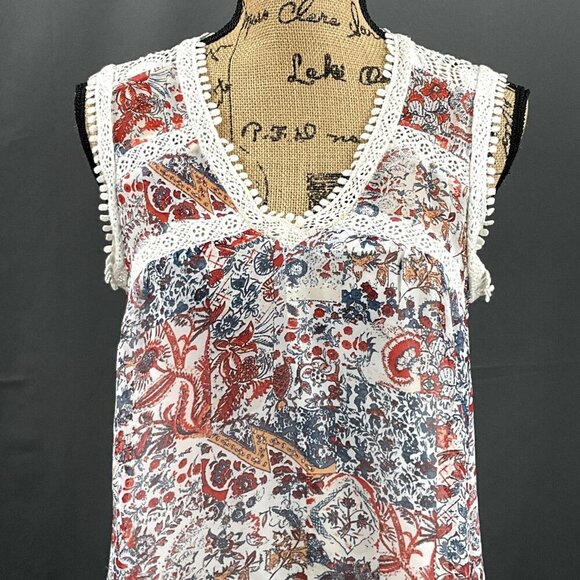 Maeve Top Womens S Floral Cochet Dainty Lace Semi Sheer Mesh V-Neck Blouse - Picture 5 of 10